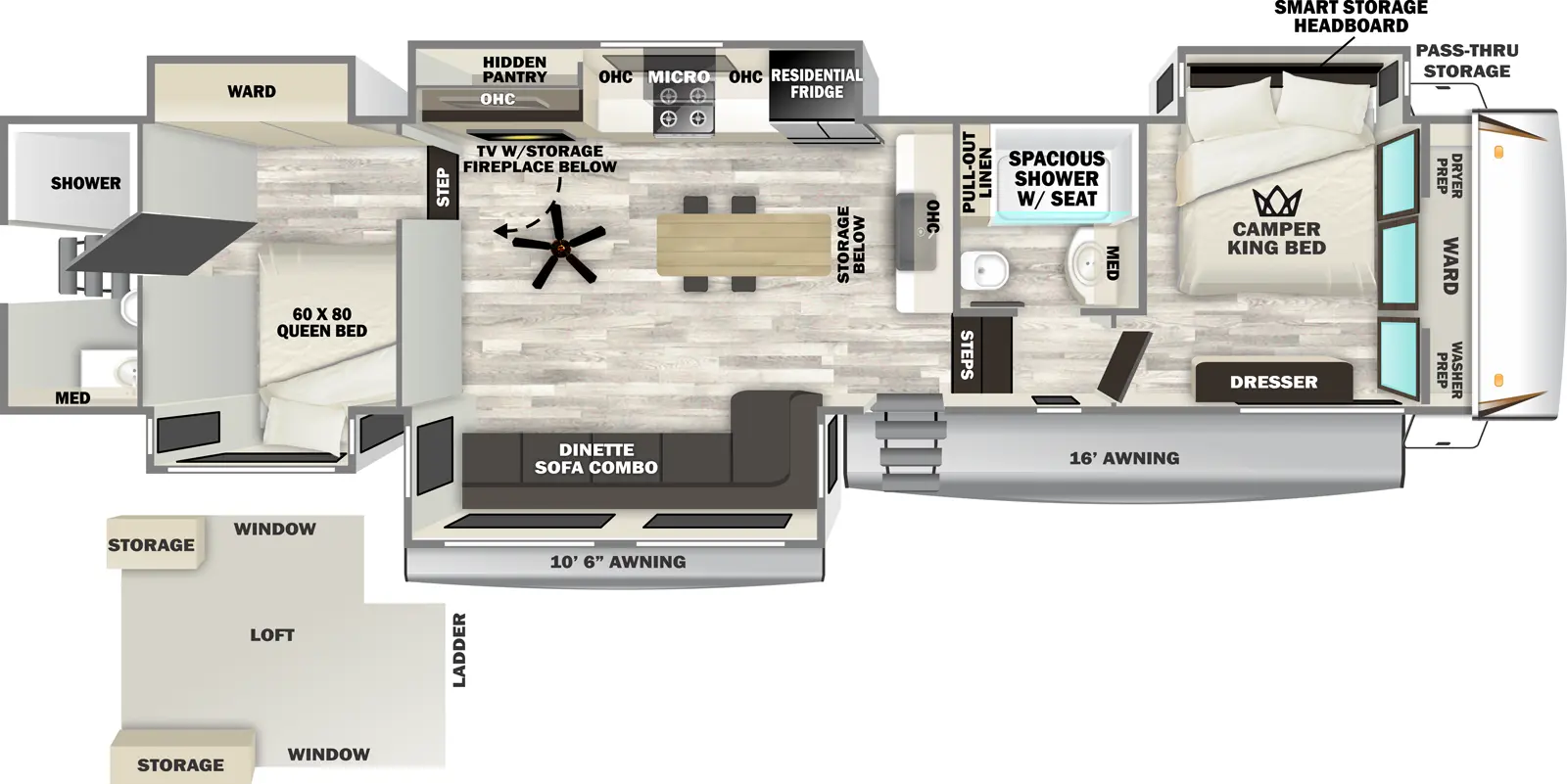 The Sabre 36DBB floorplan has one entry and five slide outs. Exterior features include: fiberglass exterior and 10'6" & 16' awning. Interiors features include: loft, kitchen island, front bedroom and rear bathroom.